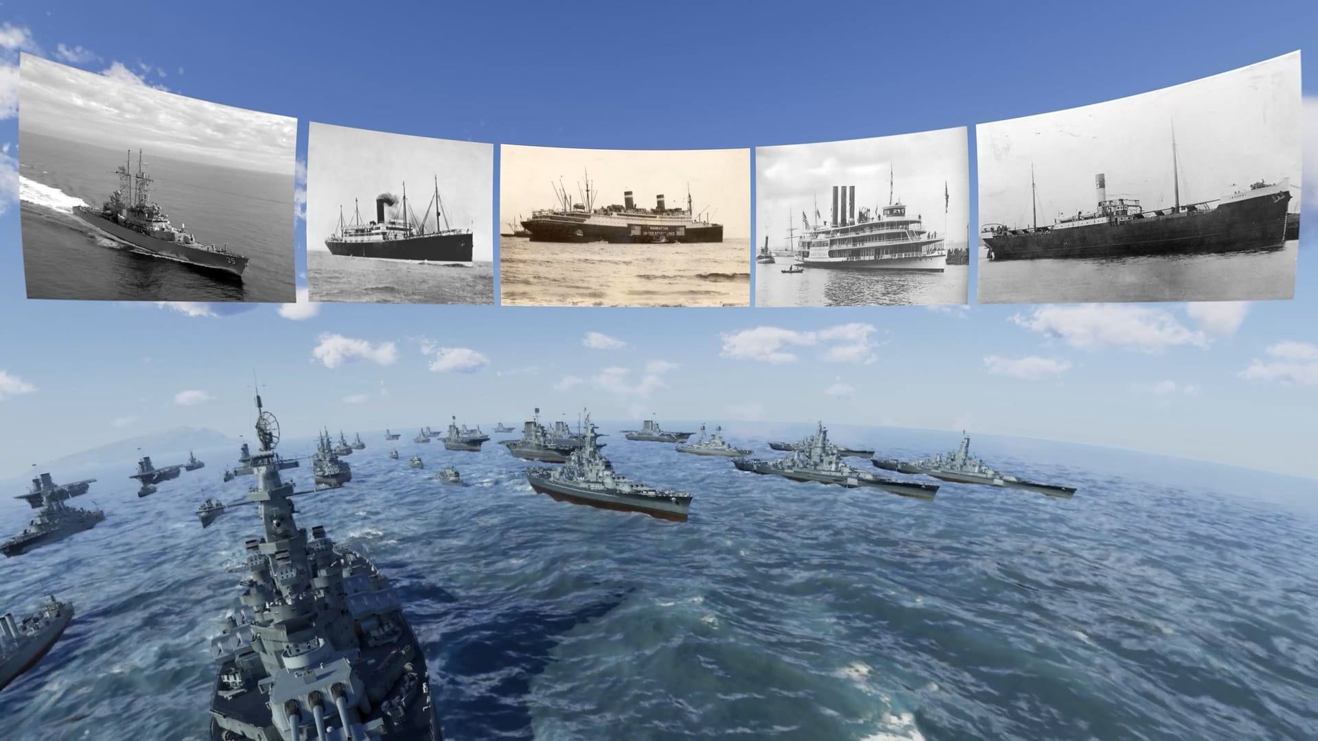a rendering of a fleet of metal ships with historical photographs overtop 